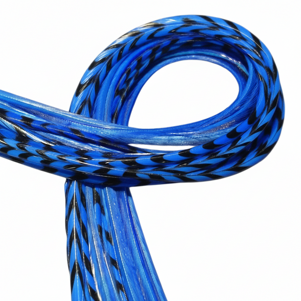 Coiled blue and black grizzly feather extensions on a white background