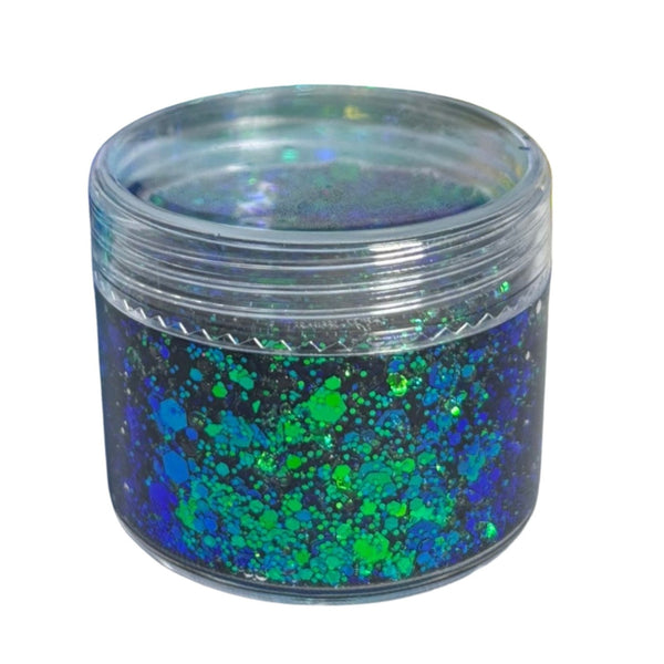 20ml Jar of chunky glitter colour changing blue and green glitter on a white background