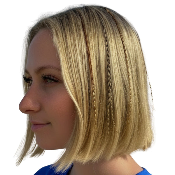 Woman with blonde hair , natural hair feathers styled in hair on a white background