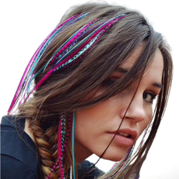 Woman with colorful braided feathers hair extensions on a white background