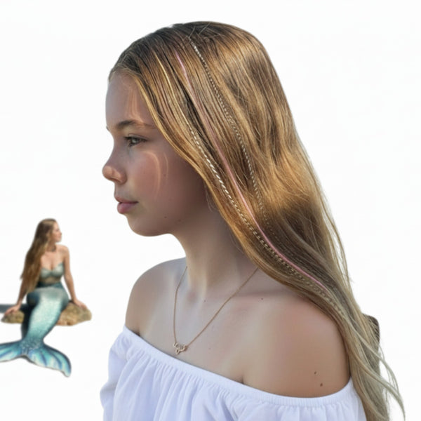 Woman with long blonde hair styled with feather hair extensions, wearing a white off-shoulder top, with a mermaid figure in the corner.