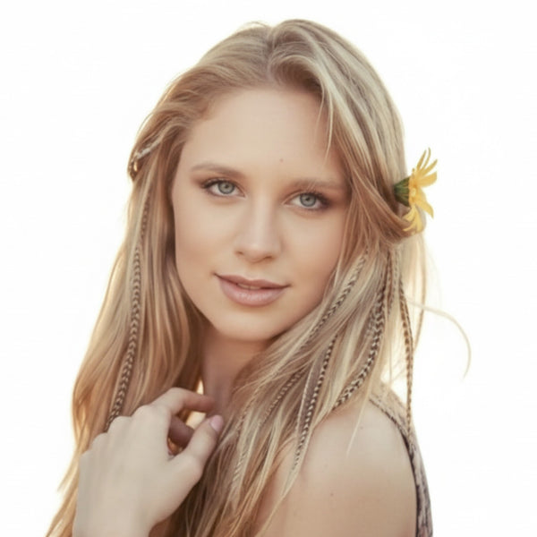 Woman with blonde hair, a sunflower, and natural hair feathers, wearing a sleeveless top, on a white background