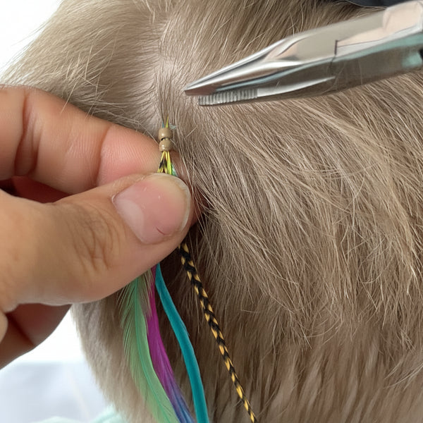 Close-up of hands working with nano beads, pliers and hair tool threader on a person's hairstyle