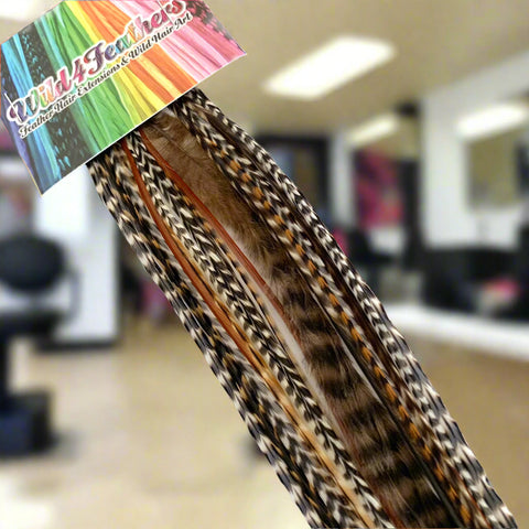 A bundle of feather hair extensions with a mix of brown, black, and white colors, attached to a hair plier.