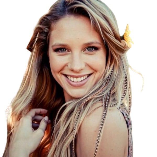 Woman with long blonde hair wearing natural feather extensions and a yellow flower in her hair on a white background