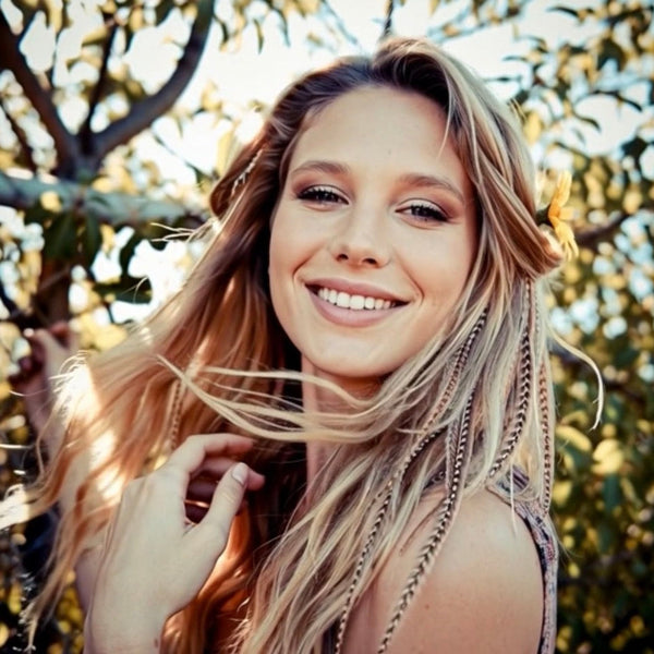 Woman with long blonde hair standing outdoors with trees in the background, showcasing ginger grizzly hair feathers and smiling