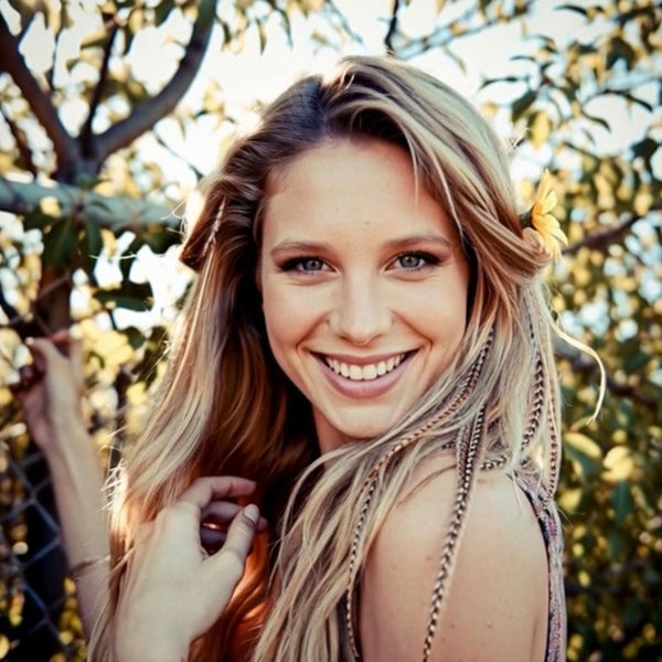 Woman with long blonde hair standing outdoors with trees in the background, showcasing ginger grizzly hair feathers