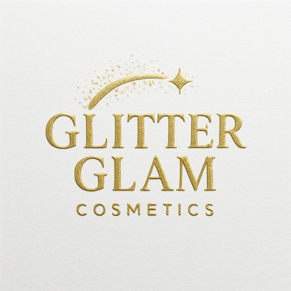 Gold 'Glitter Glam Cosmetics' logo on a white background