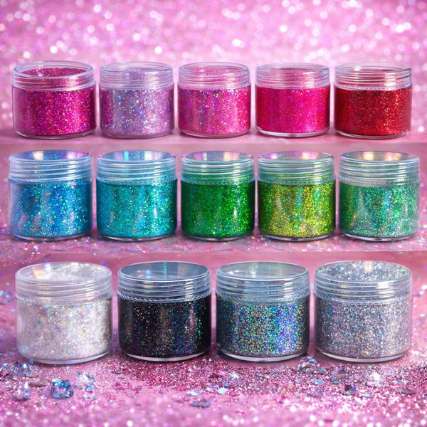 Assorted fine glitter in jars on a wooden stand with a blurred outdoor background