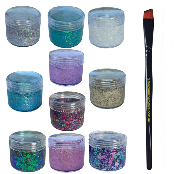 Set of 10 glitter jars in various colours , soft and chunky textures, with one professional angled make up brush on a white background