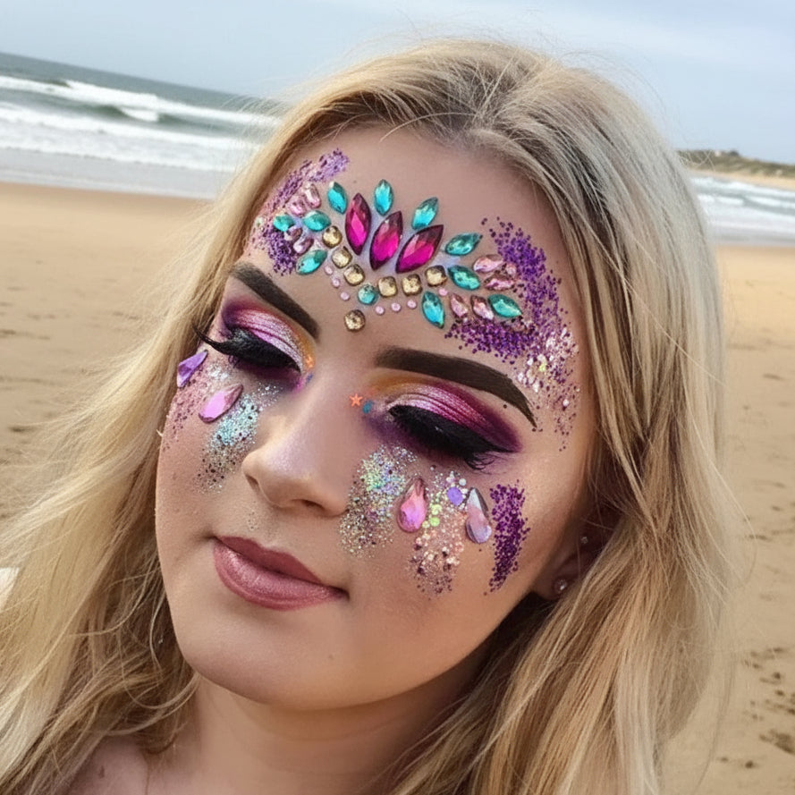Girl Wearing colorful face makeup featuring jewels and glitter.