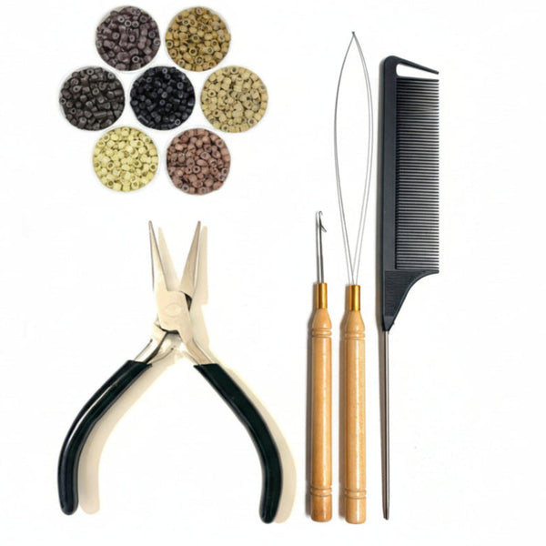 Set of hairdressing tools including pliers, combs, and 5mm bead colour samples on a white background