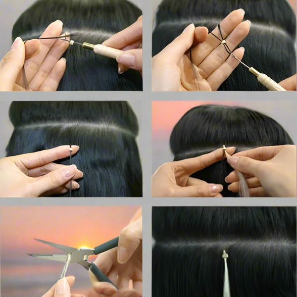 Step-by-step process of hair extension application with close-up shots of hands, hook tool and pliers.