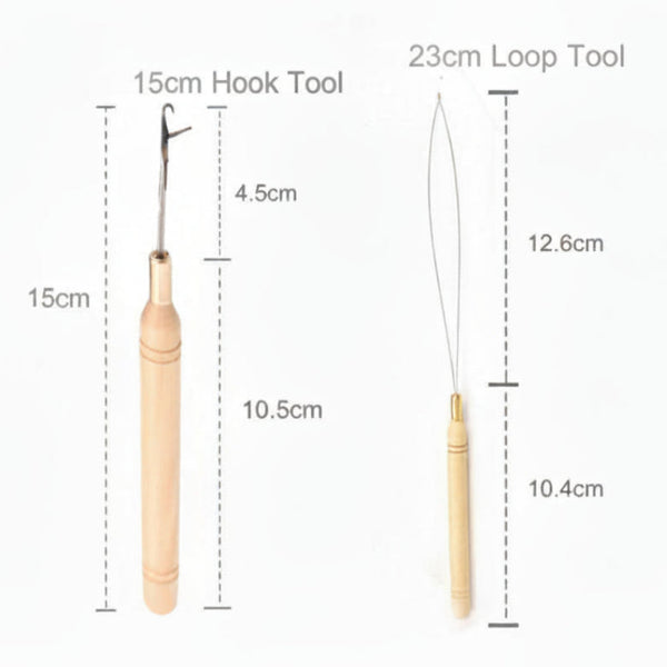 Measurement chart of a 15cm hook tool and a 23cm loop tool on a white background.