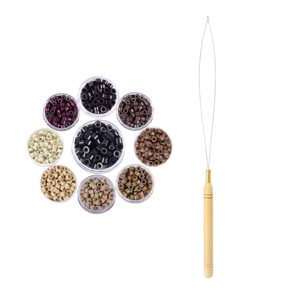 Set of small 5mm size hair beads beads in various colours with a hair extension loop tool threader on a white background