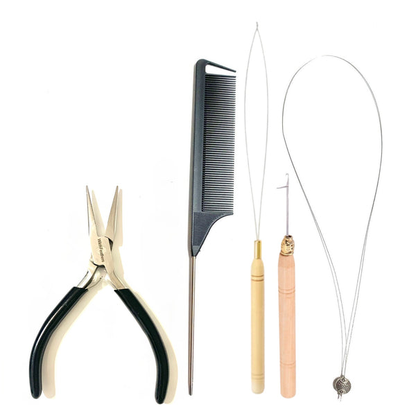 Set of hair extension tools including stainless steel pliers, a black comb, and two loop tool threaders on a white background