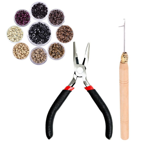 Hair extensions attachment tools including pliers, a hook tool needle, and size 5mm beads on a white background