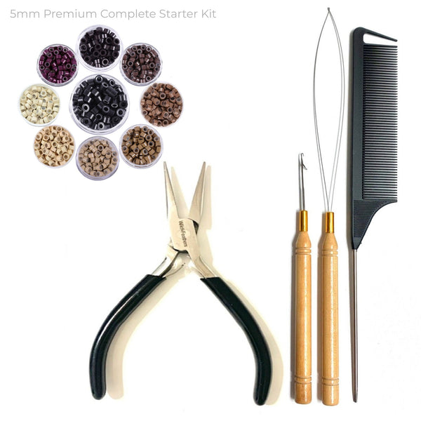 Hair extension kit including pliers, 5mm size hair beads, and a comb on a white background.