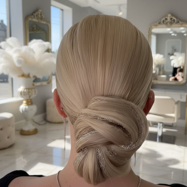 Blonde hair styled in an elegant updo with decorative elements, blurred background