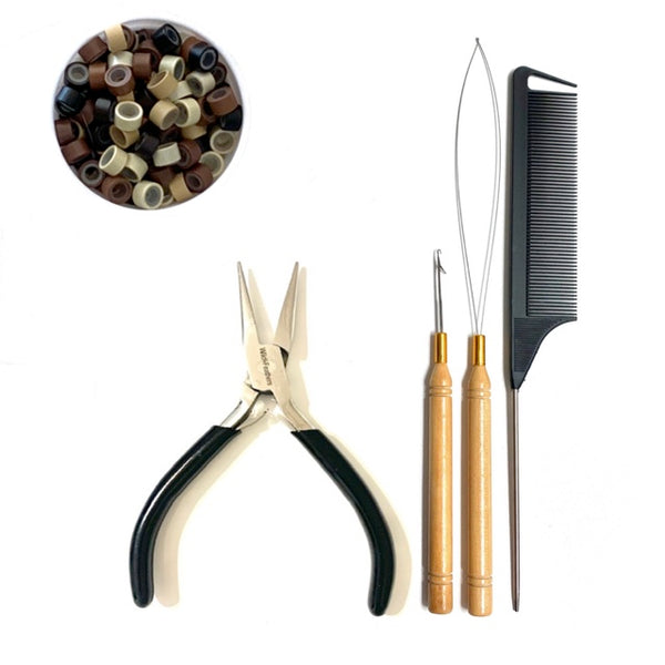 Hair Kit of pliers, loop tool, hook tool, black comb and multi-mix beads in small round open pod