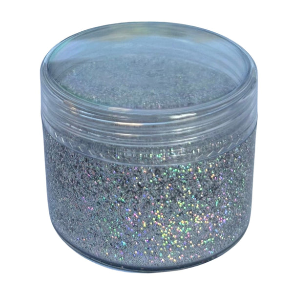 20ml Clear jar filled with soft hologram silver glitter on a white background
