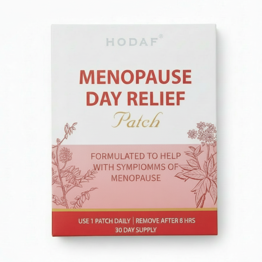 Menopause Day Relief Patch packaging with floral designs on a white background