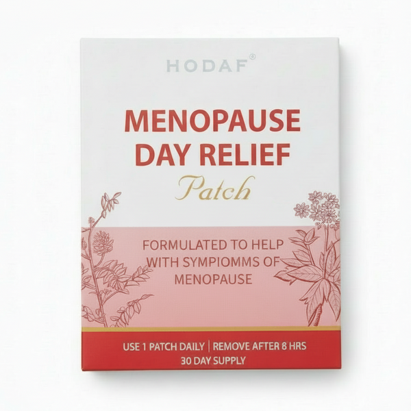 Menopause Day Relief Patch packaging with floral designs on a white background