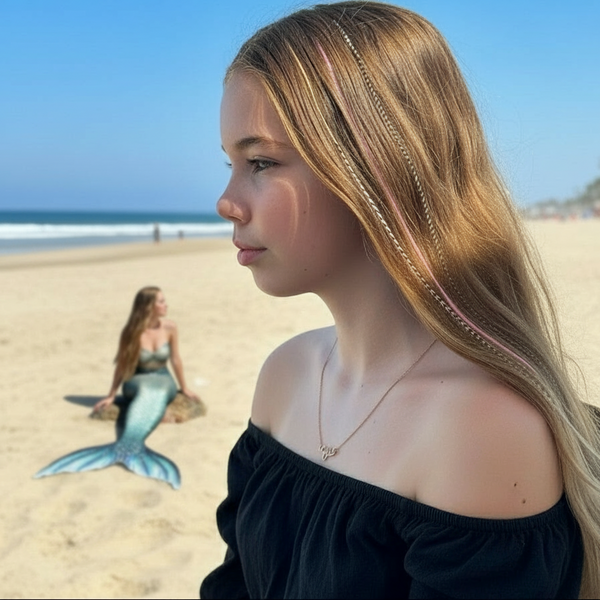 Woman wearing long hair feathers with mermaid tail on beach