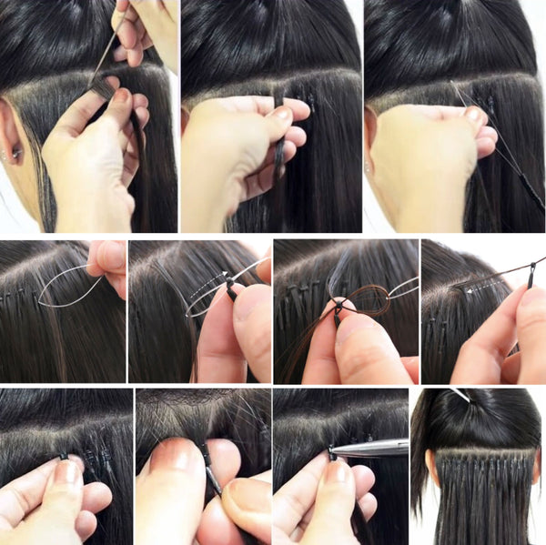 Step-by-step process of hair extension application with close-up shots of hands and tools.