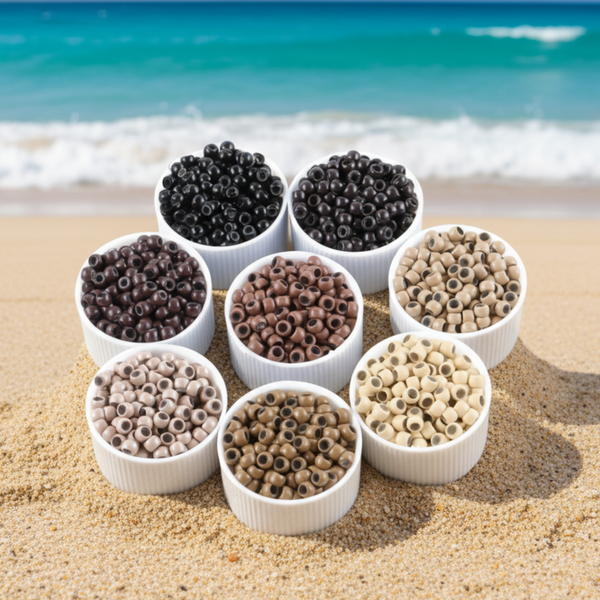 Assorted colored beads in small white bowls on a sandy beach with ocean in the background