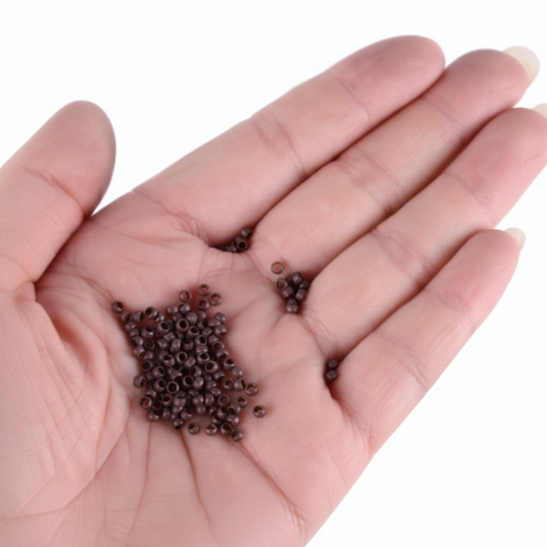 Hand holding small nano brown beads  3mm size against a white background