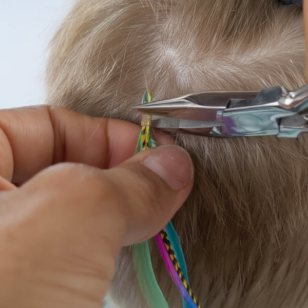 Close-up of hands working with nano beads, pliers and hair tool threader on a person's hairstyle