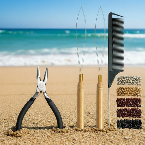 Hair styling tools including pliers, combs, and hair extensions on a sandy beach with ocean view.
