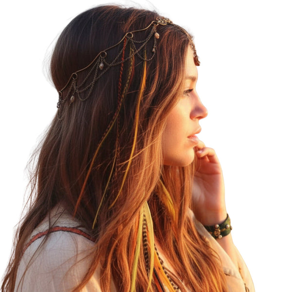 Woman with long hair adorned with colorful feather extensions and a headband.