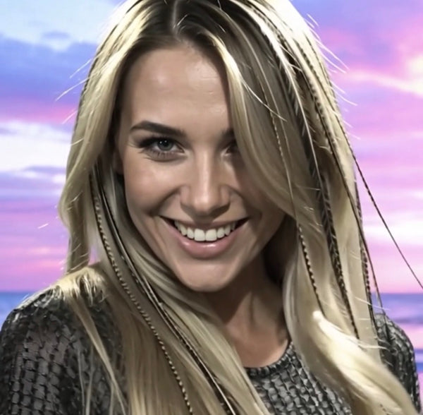 Woman with blonde hair smiling against a colorful sky background
