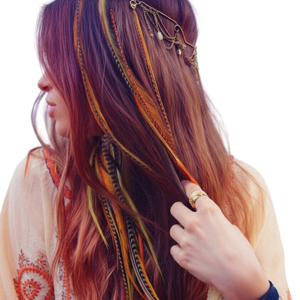Close-up of a person with colorful hair extensions and a patterned top.