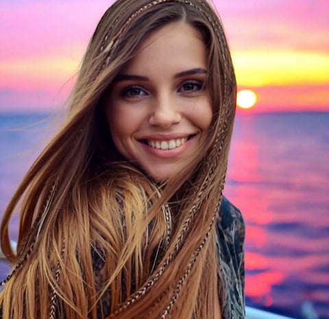 Woman with long hair smiling in front of a sunset over water