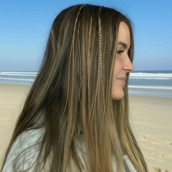 Woman with feathers in hair at beach