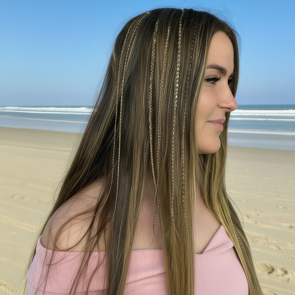 Woman with feathers in hair on a beach