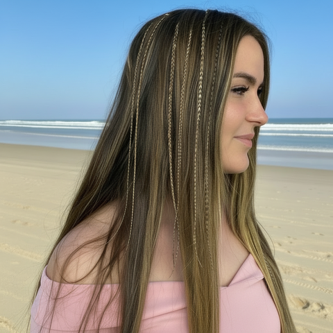 Woman with feathers in hair on a beach