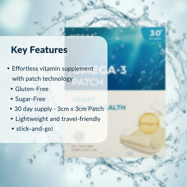 Omega-3 supplement patch with key features listed on a blue and white background