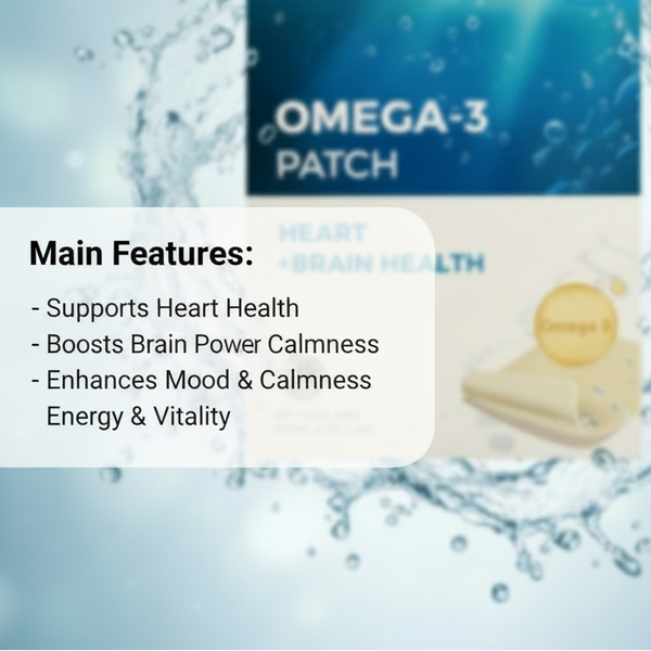 Omega-3 patch packaging with water droplets and feature text on a blue background
