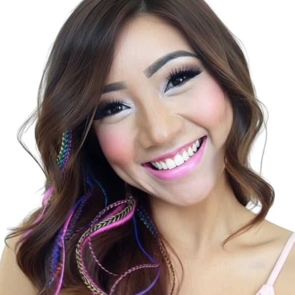 Woman with colorful feather hair extensions and bright makeup