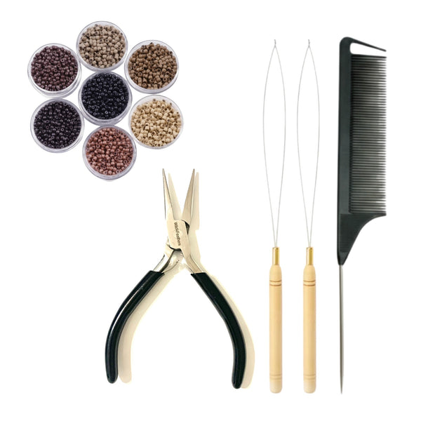 Set of hair extension attachment tools for nano hair extension applications , including stainless steel pliers, 3mm size beads, and a comb on a white background