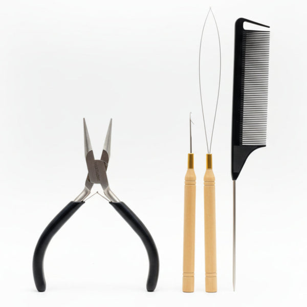 Set of hair extension tools including pliers, loop threader, hook tool, and a black rat-tail comb on a white background