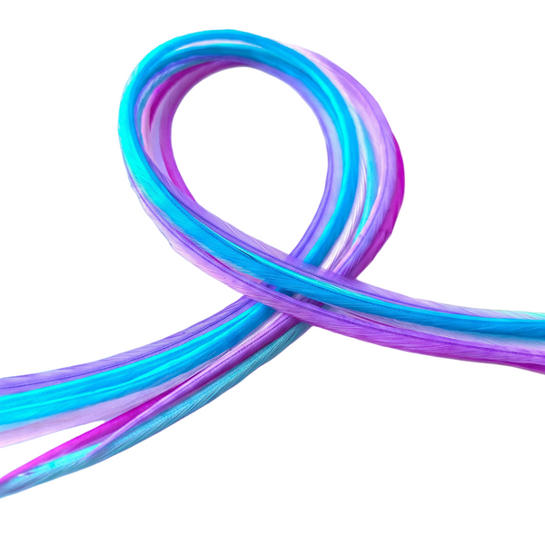 Coiled blue and pink flexible hair feathers against a white background