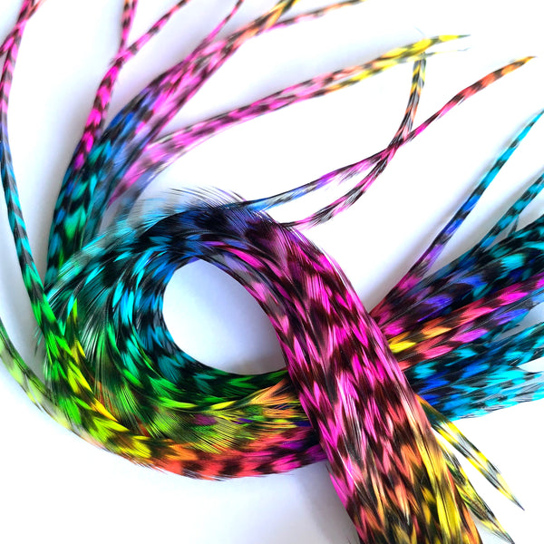 A bundle of multicolored feather hair extensions displayed on a white background.