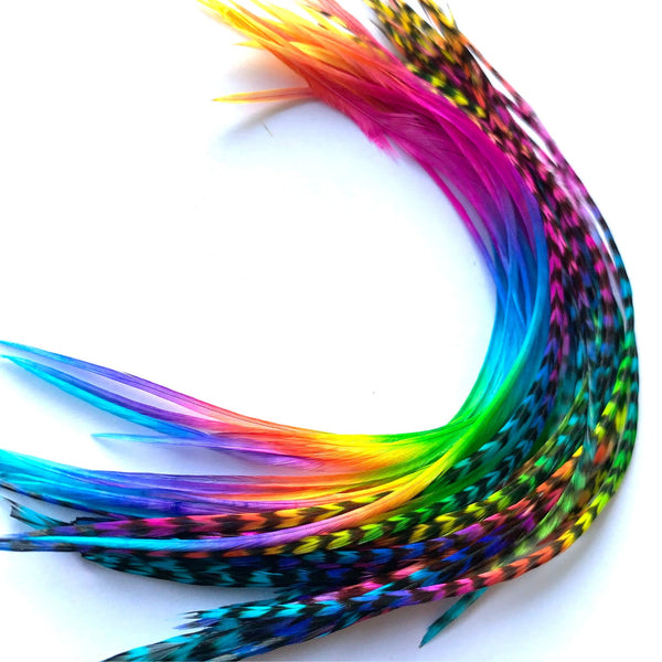 Colourful rainbow feather extensions arranged in a circular pattern on a white background