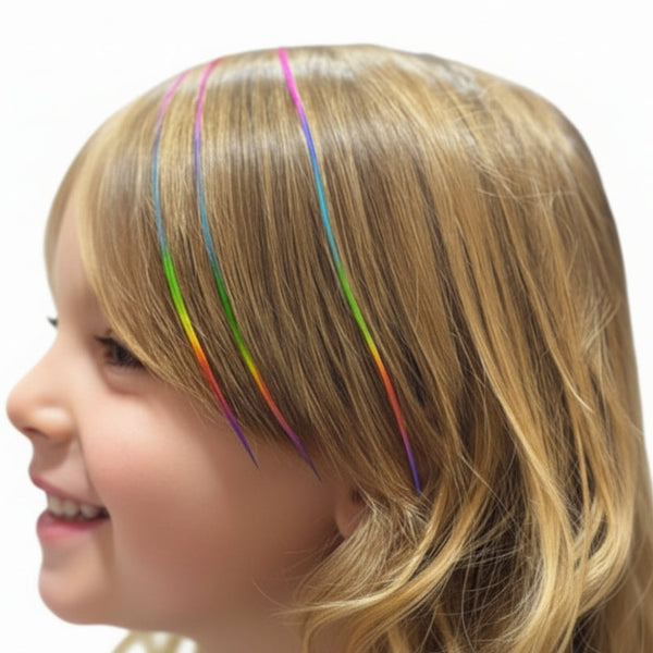 Woman wearing rainbow feather extensions with blonde hair on a white background