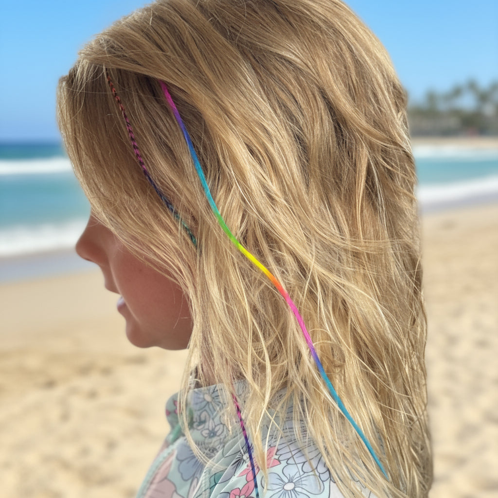 Close-up of a person with colorful hair extensions in a blurred outdoor setting
